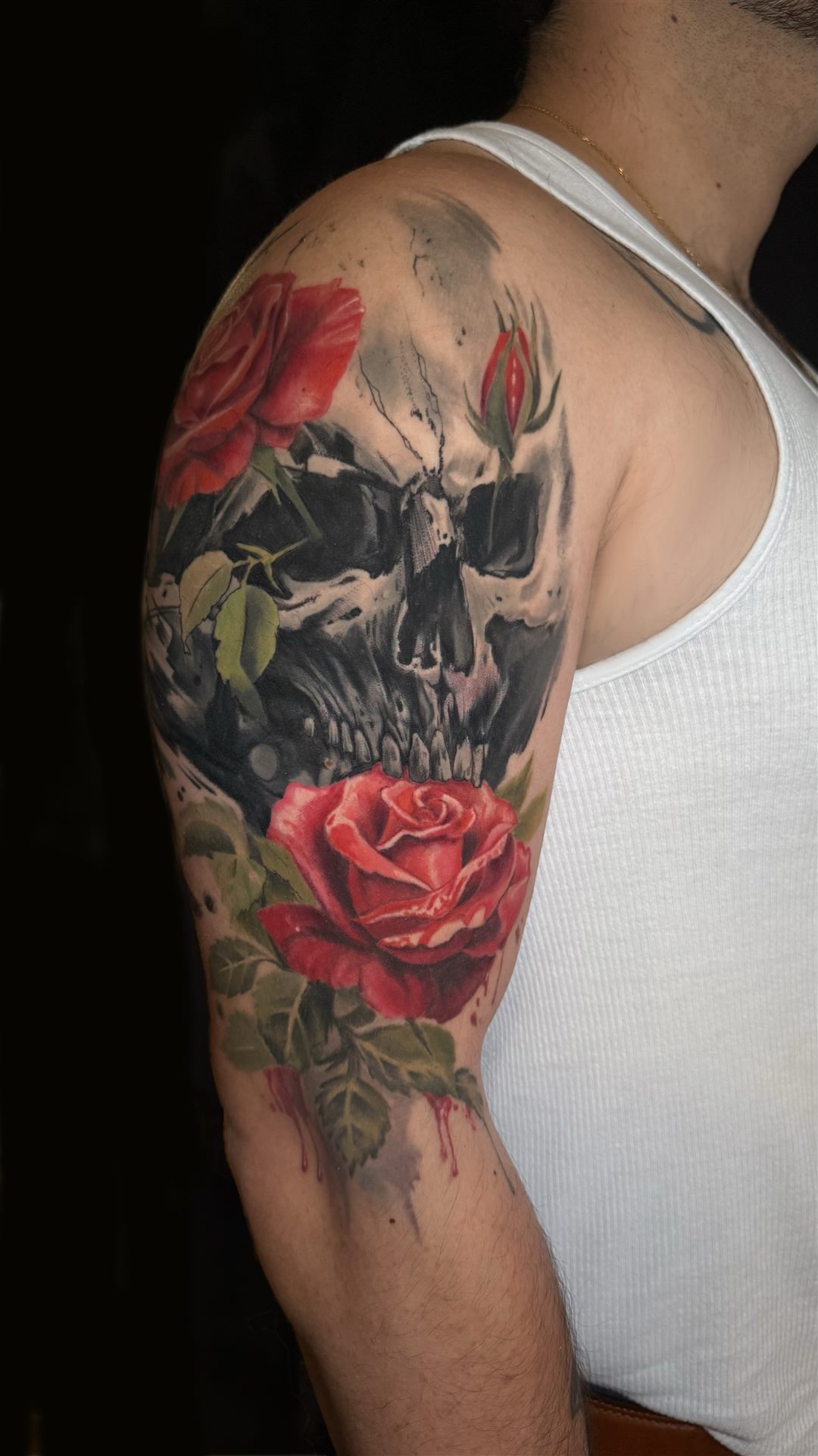 After — skull with roses color cover-up shoulder